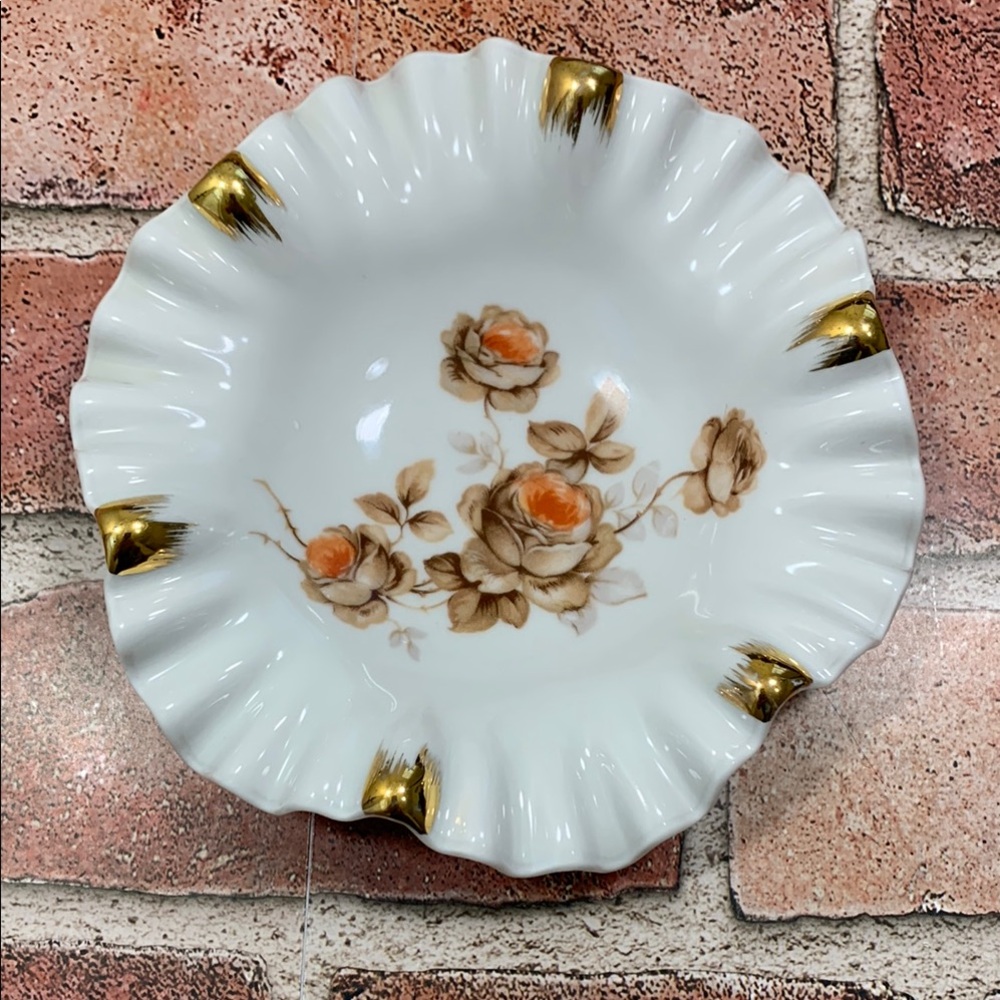 Mitterteich Bavaria Germany Rose Pattern Golden Ruffled Candy Dish